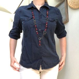 Navy Button Up blouse Ribbed Jersey Sides
